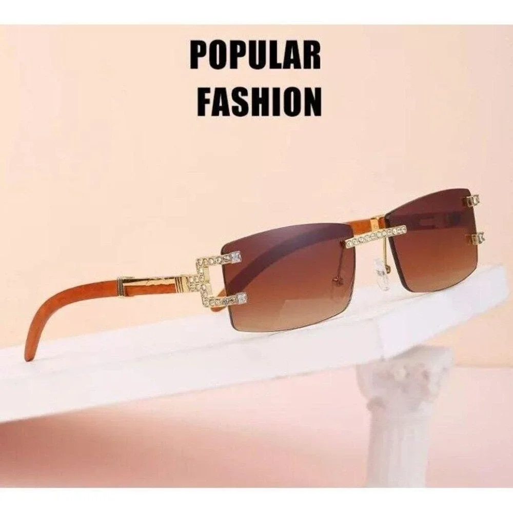 Square‎ Sunglasses Rimless Brown Lens Wood Grain Legs Fashion Men Hip Hop Retro